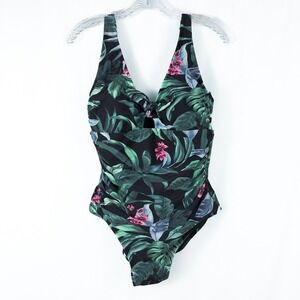 Kona Sol Tummy Control Tie Front One Piece Swimsuit Size 16 Tropical Beach Green